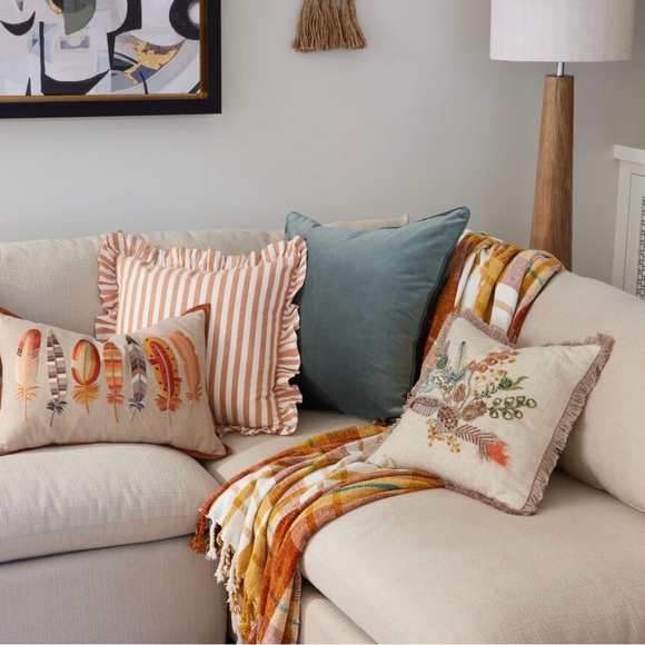 NEW Multicolor Embroidered Feather Bouquet Throw Pillow - Picture 4 of 9